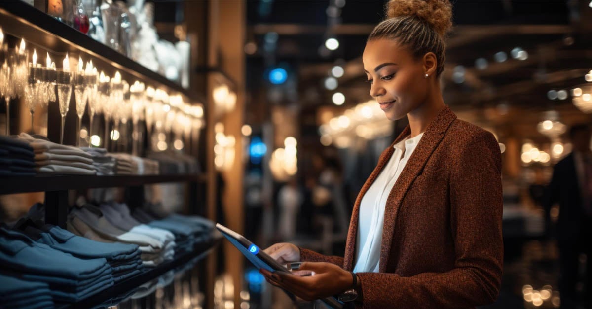 customer using a handheld device in a clothing store, illustrating tech trends in the retail industry - iTalent Digital blog