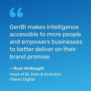 Quote from Ryan McNaught, Head of BI, Data & Analytics at iTalent Digital: "GenBI makes intelligence accessible to more people and empowers businesses to better deliver on their brand promise.” 